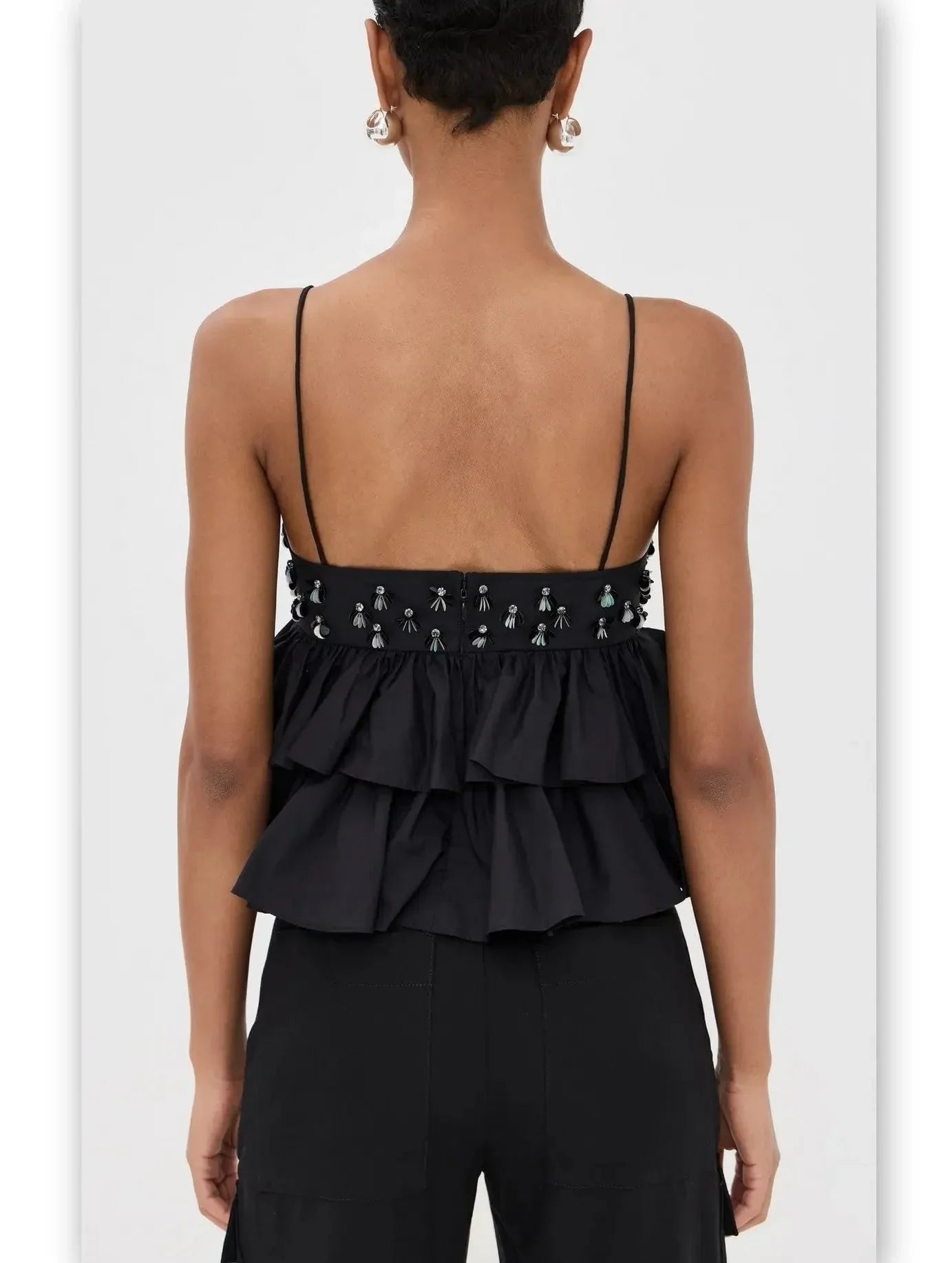 Black Embellished Tiered Peplum Camisole Top - Tops
