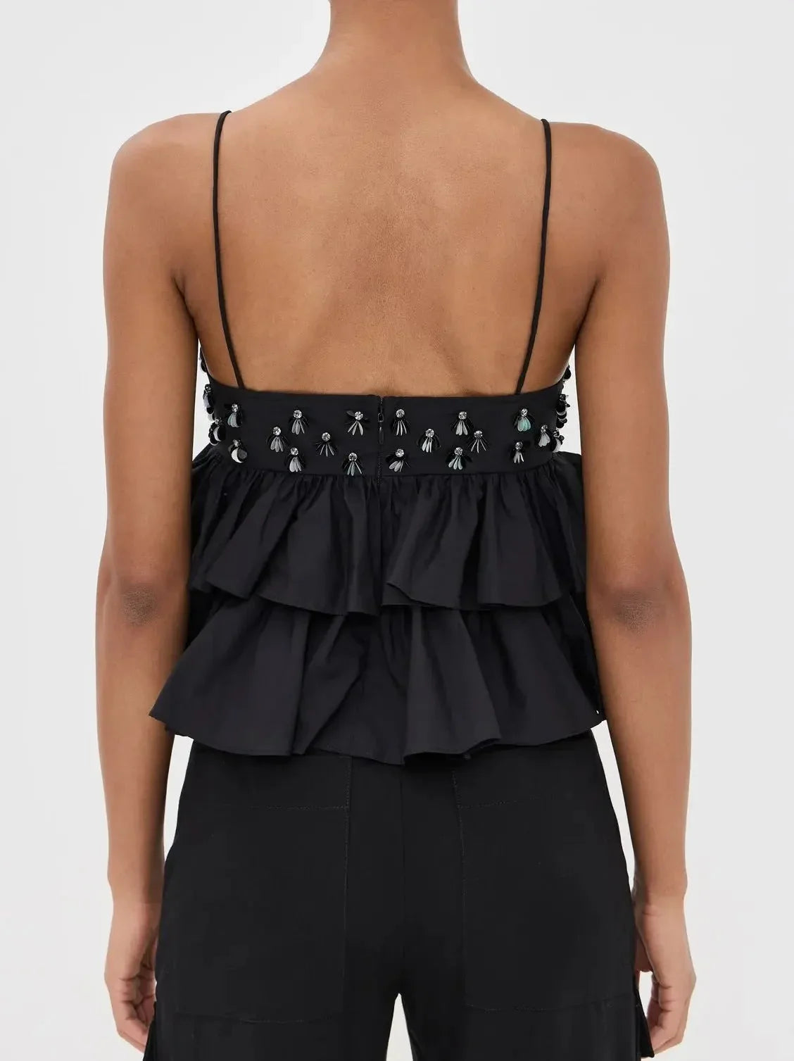 Black Embellished Tiered Peplum Camisole Top - Tops