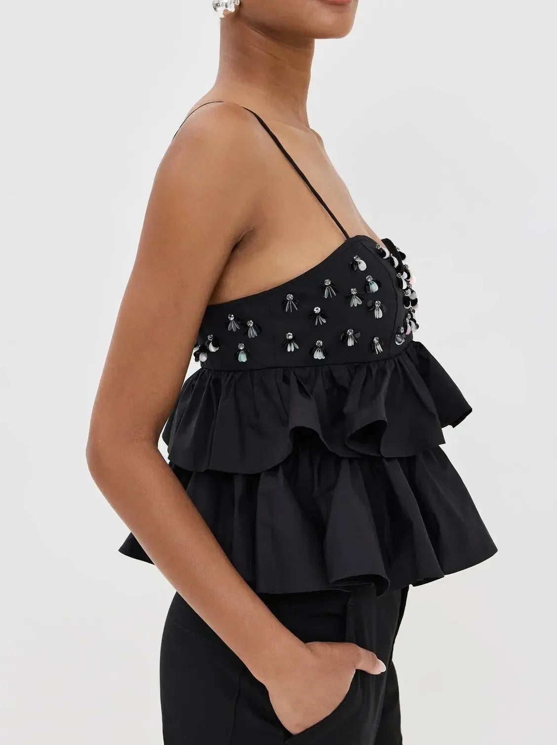 Black Embellished Tiered Peplum Camisole Top - Tops