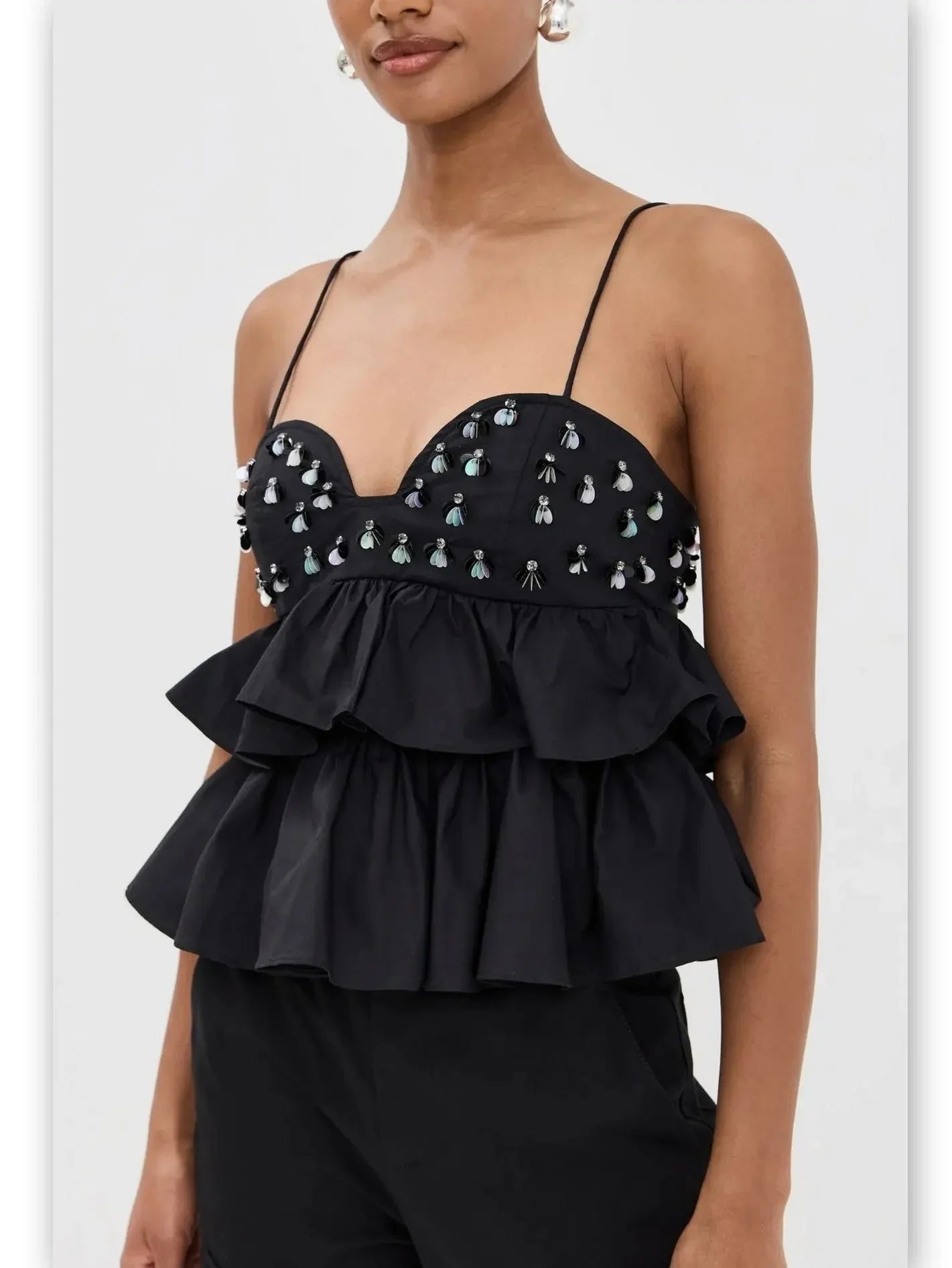 Black Embellished Tiered Peplum Camisole Top - Tops