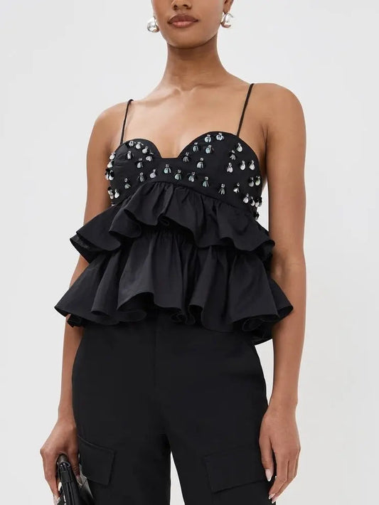 Black Embellished Tiered Peplum Camisole Top - Tops