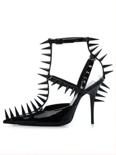 Black Extreme Studded Patent Vegan Leather Sandals - Footwear