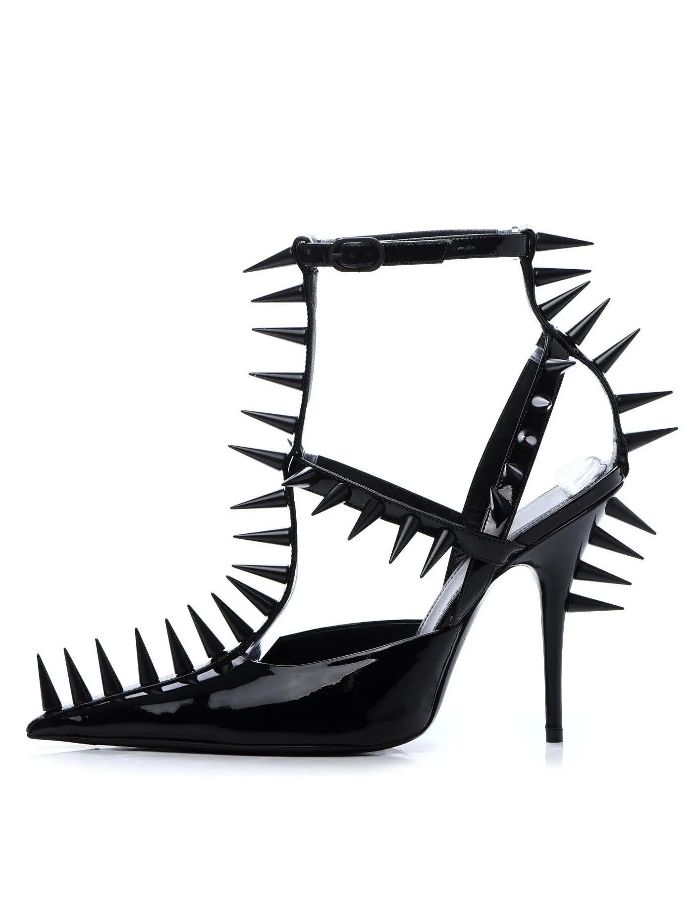 Black Extreme Studded Patent Vegan Leather Sandals - Footwear