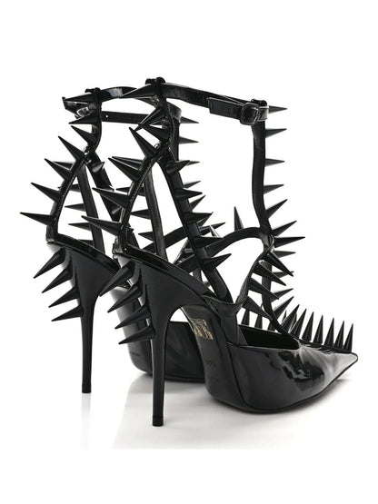 Black Extreme Studded Patent Vegan Leather Sandals - Footwear