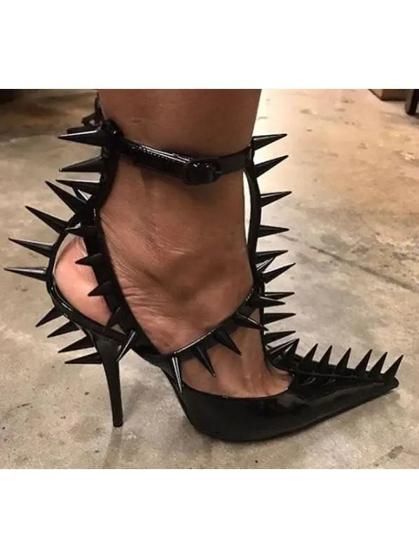 Black Extreme Studded Patent Vegan Leather Sandals - Footwear