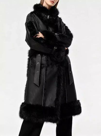 Black Faux-Leather Coat with Faux-Fur Trim - Coats