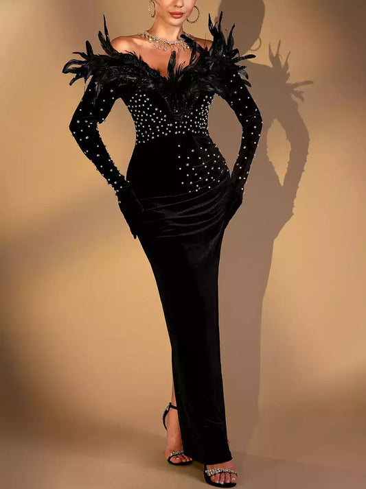 Black Feather and Velvet Gown with Pearl and Rhinestone Embroidery - Dresses