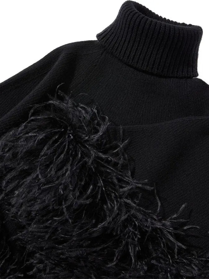 Black Feather-Trim Turtleneck Poncho Sweater - Sweaters & Knitwear