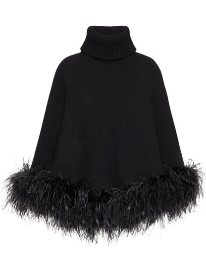 Black Feather-Trim Turtleneck Poncho Sweater - Sweaters & Knitwear