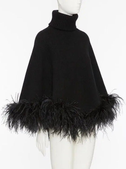 Black Feather-Trim Turtleneck Poncho Sweater - Sweaters & Knitwear