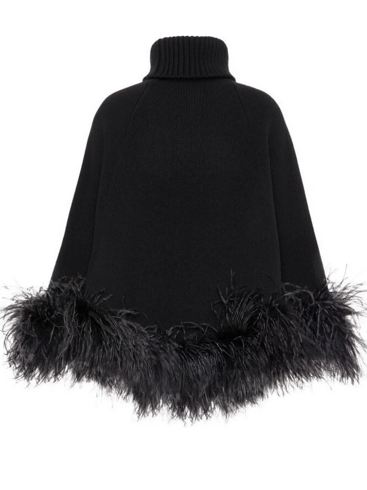 Black Feather-Trim Turtleneck Poncho Sweater - Sweaters & Knitwear