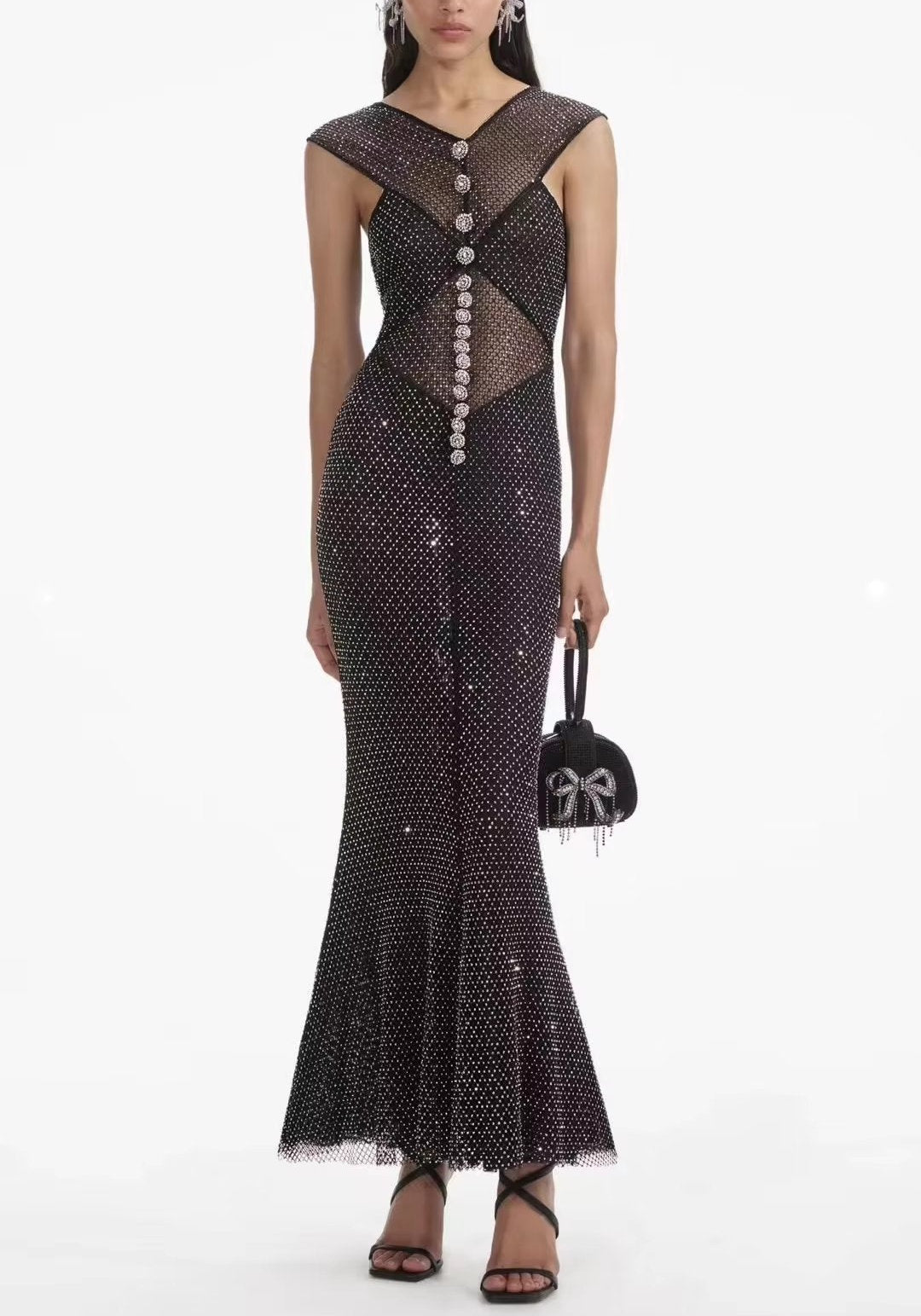 Black Fishnet Sleeveless Gown with Crystal Embellishments - Dresses