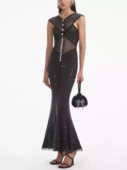 Black Fishnet Sleeveless Gown with Crystal Embellishments - Dresses