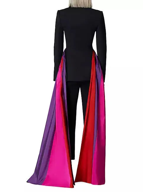 Black Fitted Blazer with Multicolor Paneled Long Sashes - Jackets