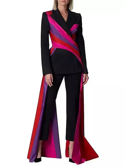 Black Fitted Blazer with Multicolor Paneled Long Sashes - Jackets