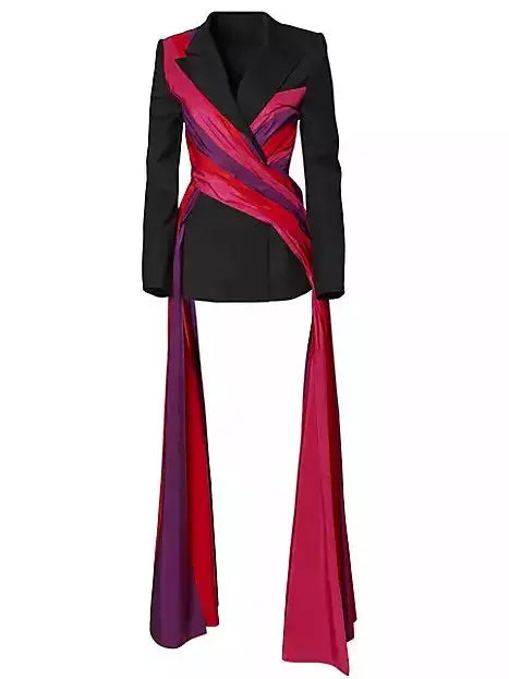 Black Fitted Blazer with Multicolor Paneled Long Sashes - Jackets