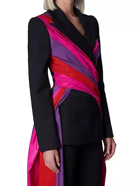 Black Fitted Blazer with Multicolor Paneled Long Sashes - Jackets