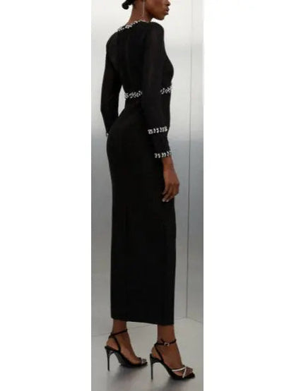 Black Fitted Crystal Embellished Long Evening Dress with Keyhole - Dresses