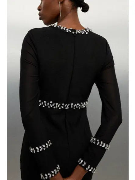 Black Fitted Crystal Embellished Long Evening Dress with Keyhole - Dresses