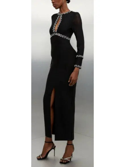 Black Fitted Crystal Embellished Long Evening Dress with Keyhole - Dresses