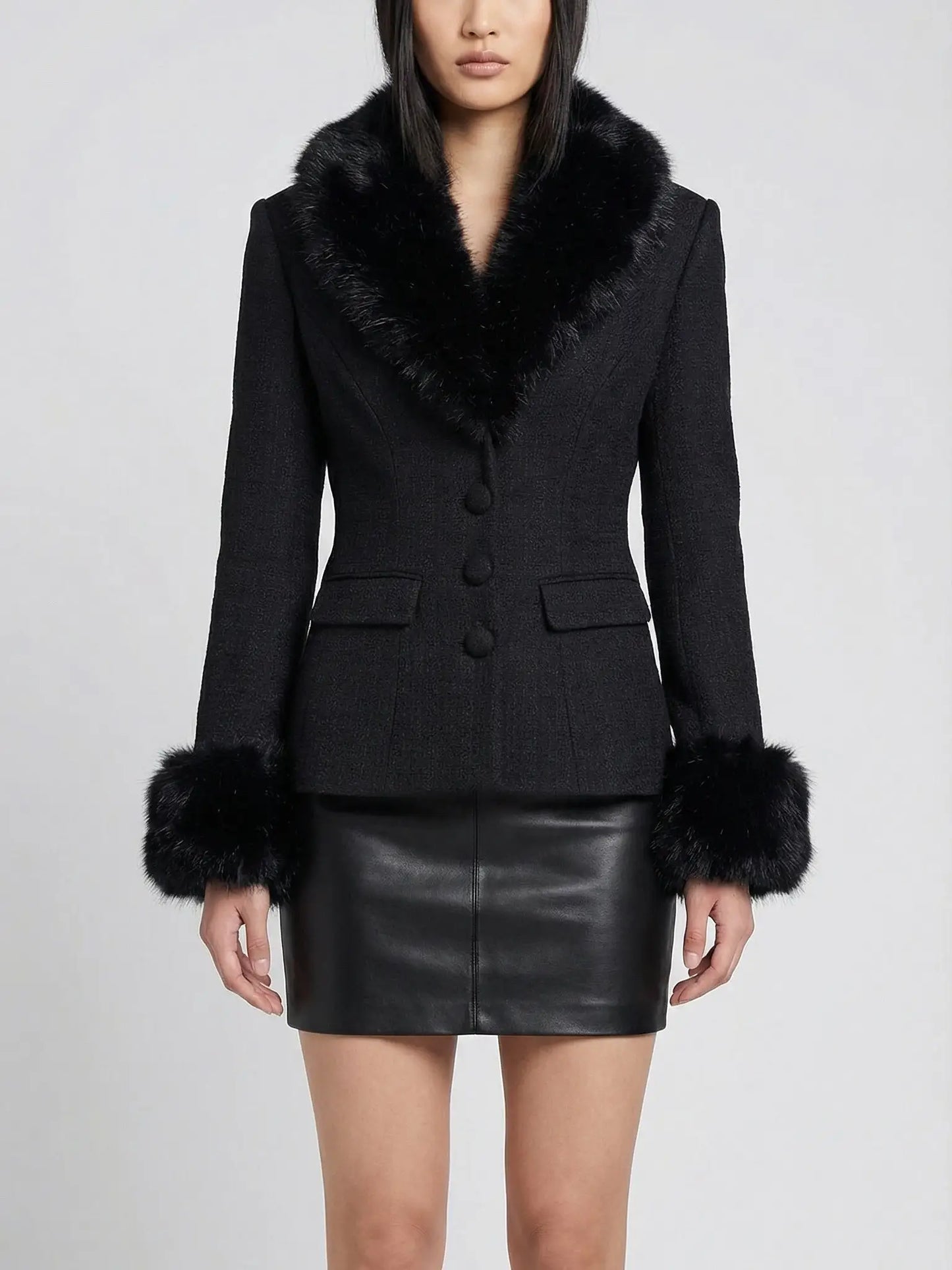 Black Fitted Jacket with Faux-Fur Trim - Jackets