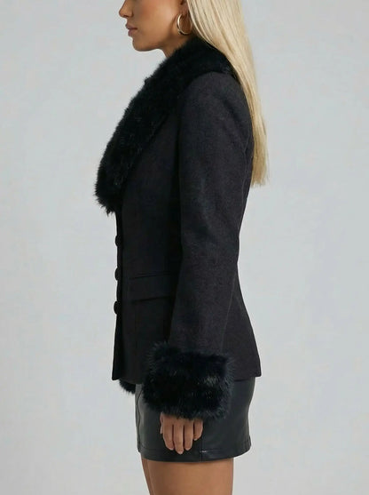 Black Fitted Jacket with Faux-Fur Trim - Jackets