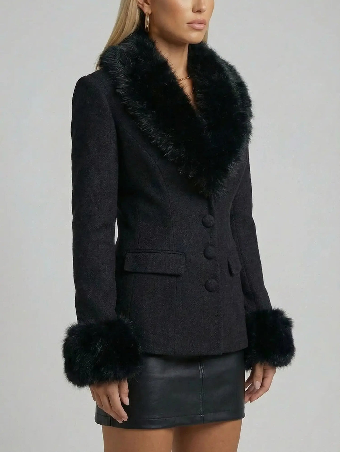 Black Fitted Jacket with Faux-Fur Trim - Jackets