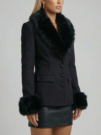 Black Fitted Jacket with Faux-Fur Trim - Jackets