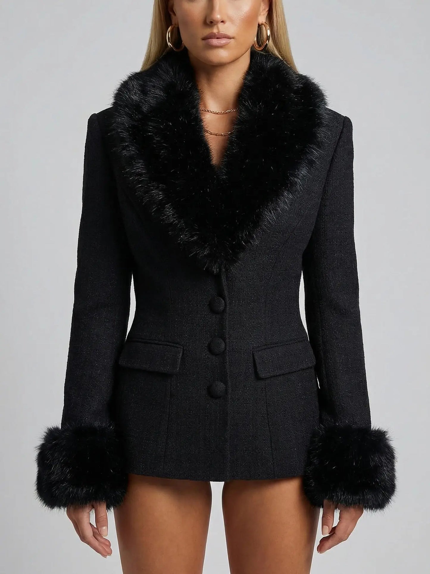 Black Fitted Jacket with Faux-Fur Trim - Jackets