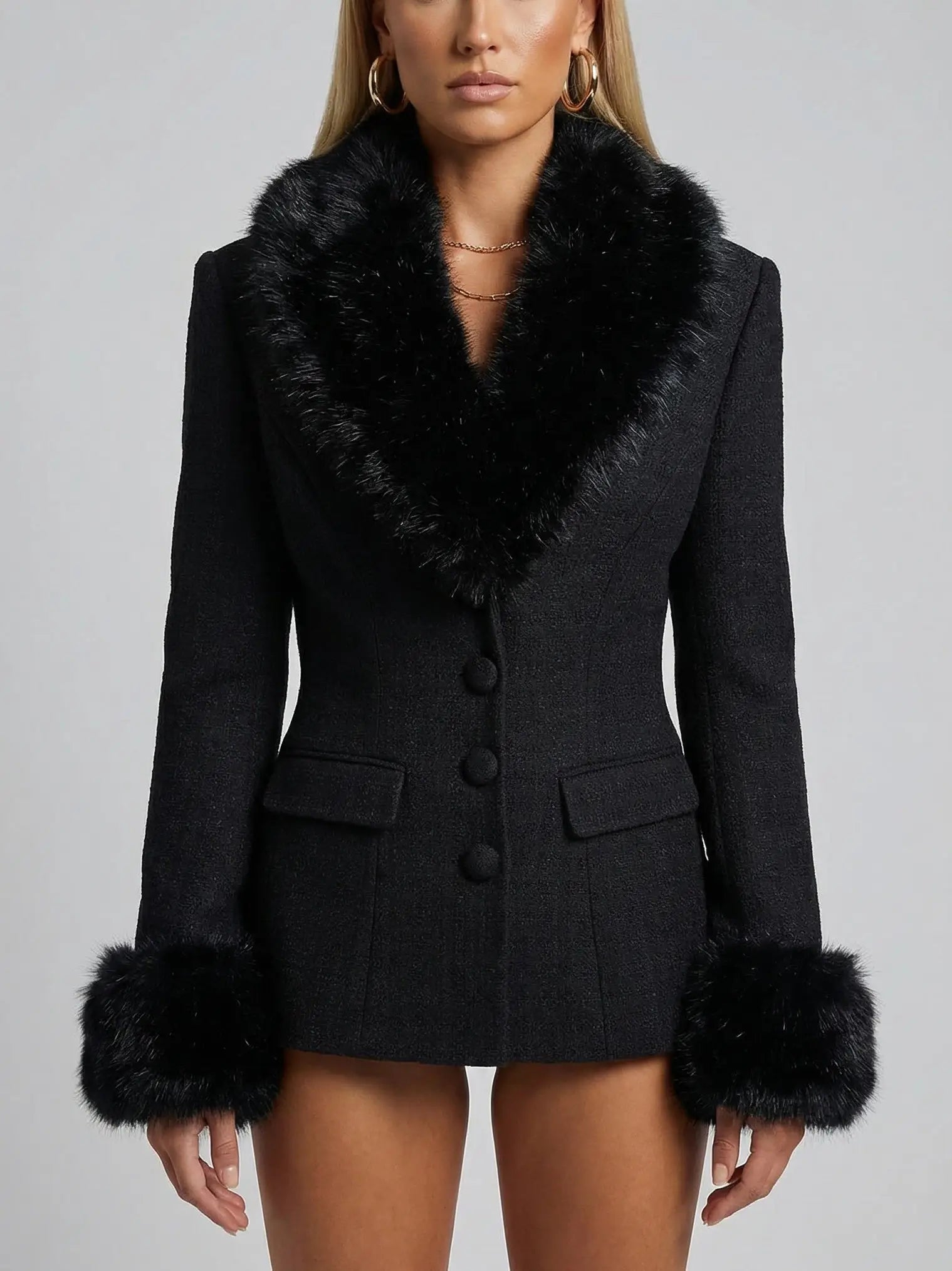 Black Fitted Jacket with Faux-Fur Trim - Jackets