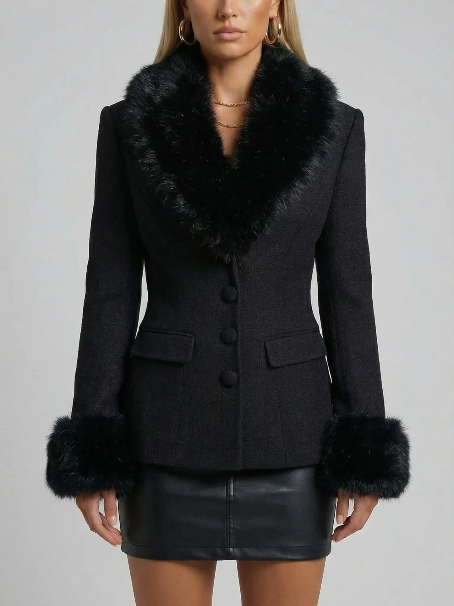 Black Fitted Jacket with Faux-Fur Trim - Small - Jackets