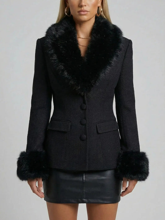 Black Fitted Jacket with Faux-Fur Trim - Small - Jackets