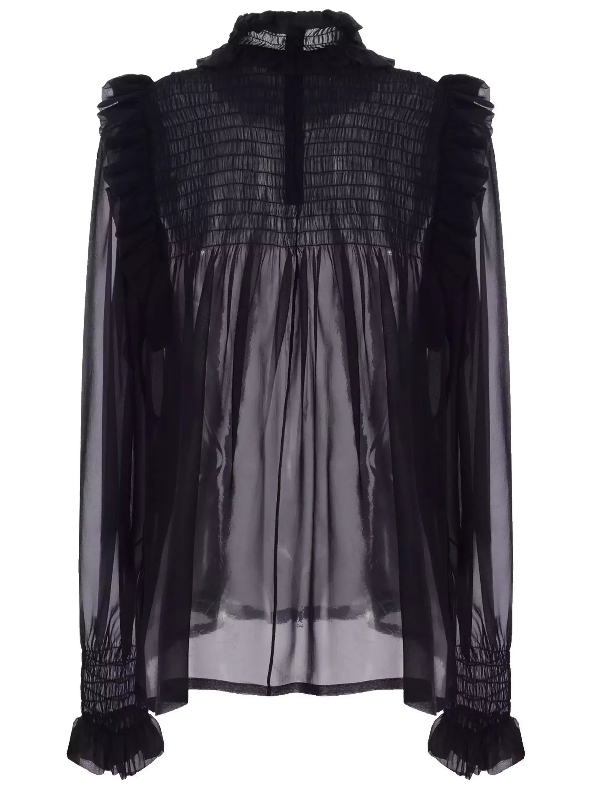 Black Frilled High-Collar Silk Sheer Blouse - Tops