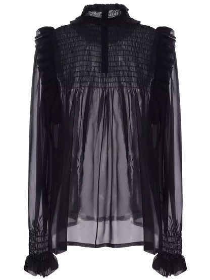 Black Frilled High-Collar Silk Sheer Blouse - Tops