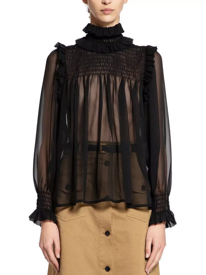 Black Frilled High-Collar Silk Sheer Blouse - Tops