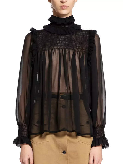 Black Frilled High-Collar Silk Sheer Blouse - Tops
