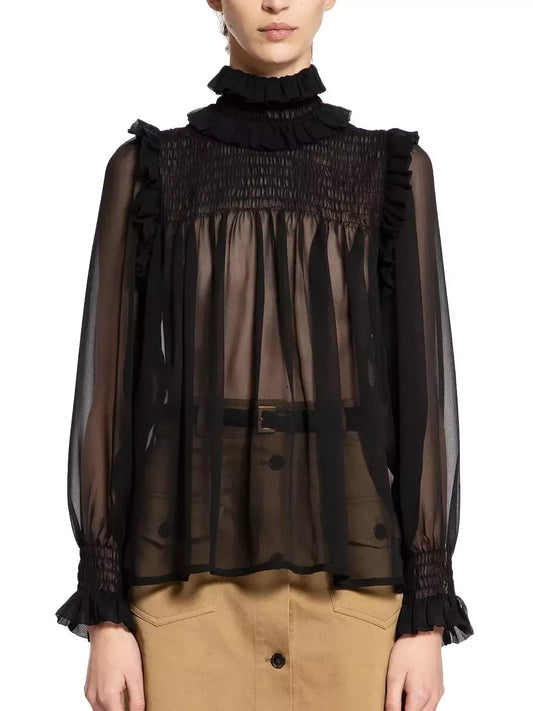 Black Frilled High-Collar Silk Sheer Blouse - Tops