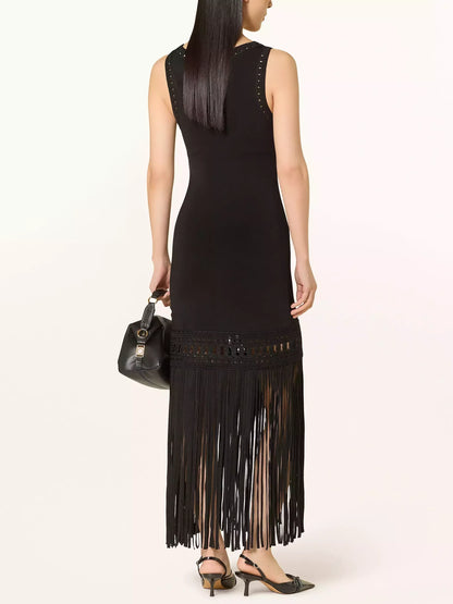 Black Fringed Knit Openwork Midi Dress - Dresses