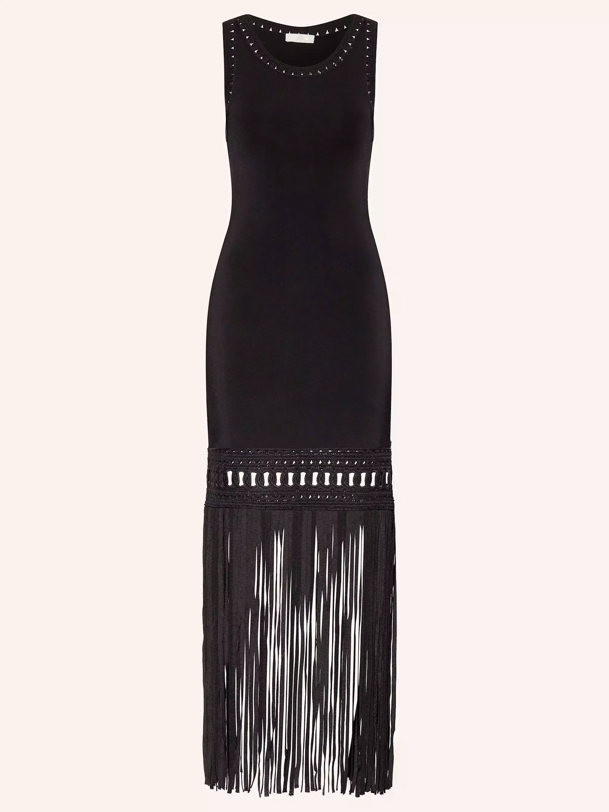 Black Fringed Knit Openwork Midi Dress - Dresses