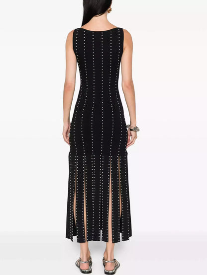 Black Fringed Knit Studded Maxi Dress - Dresses