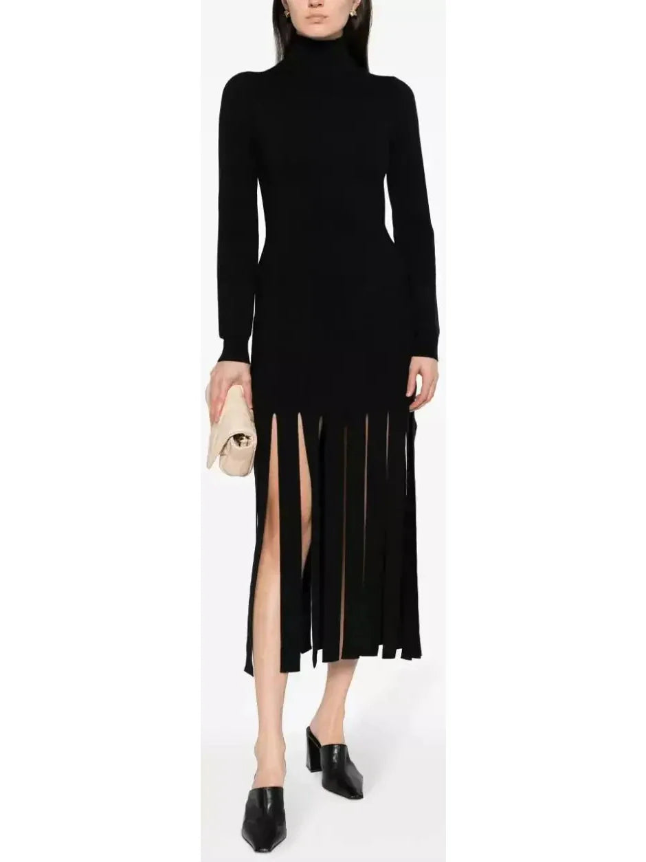 Black Fringed Knitted Dress - Dresses