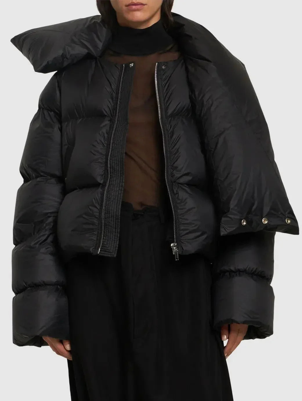 Black Funnel-Neck Puffer Jacket - Jackets