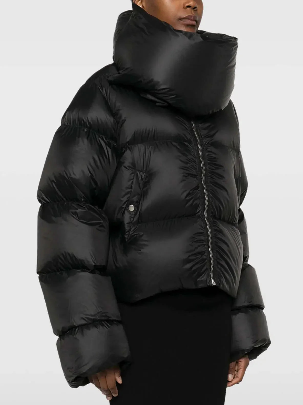 Black Funnel-Neck Puffer Jacket - Jackets