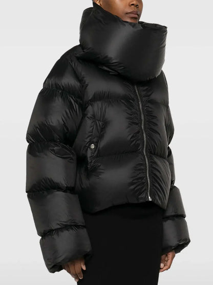 Black Funnel-Neck Puffer Jacket - Jackets