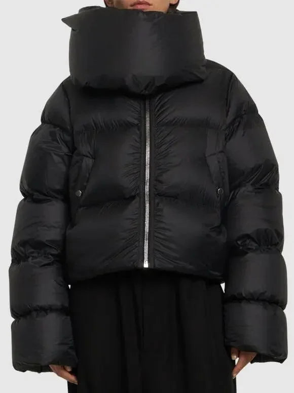 Black Funnel-Neck Puffer Jacket - Jackets