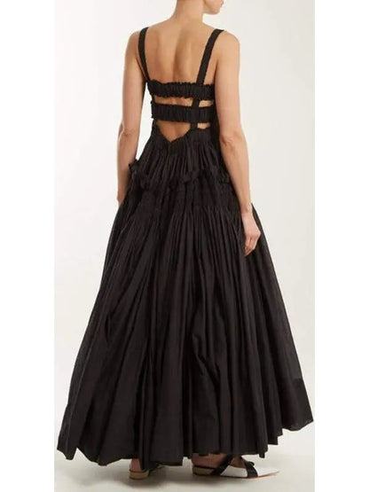 Black Gathered Smocked Maxi Dress - Dresses