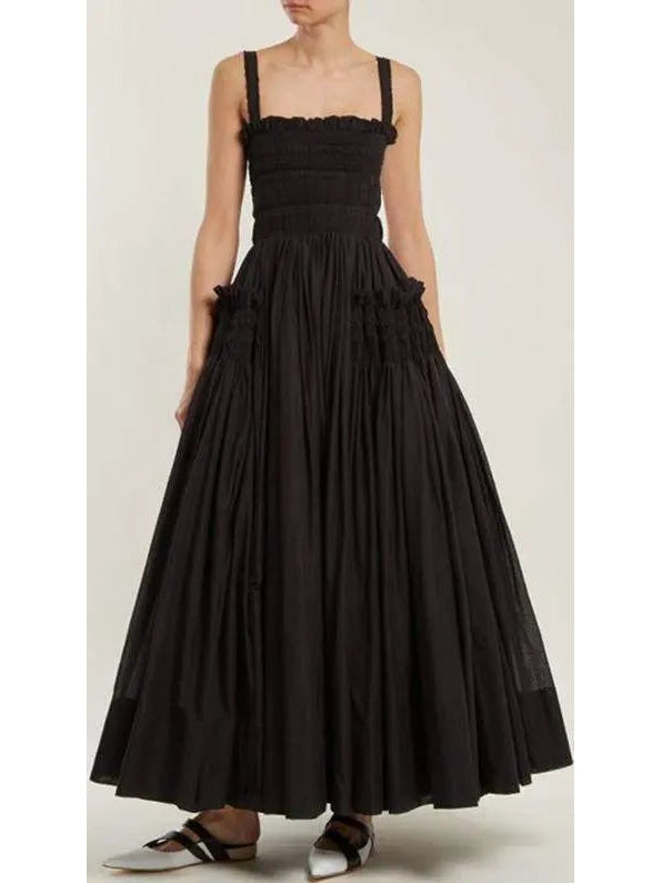 Black Gathered Smocked Maxi Dress - Dresses