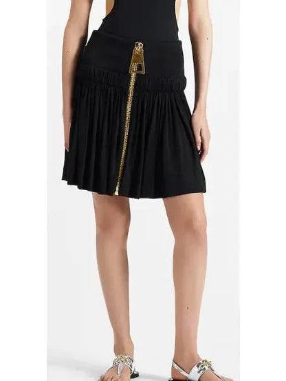 Black Gathered Zipper Mini Skirt - Skirts