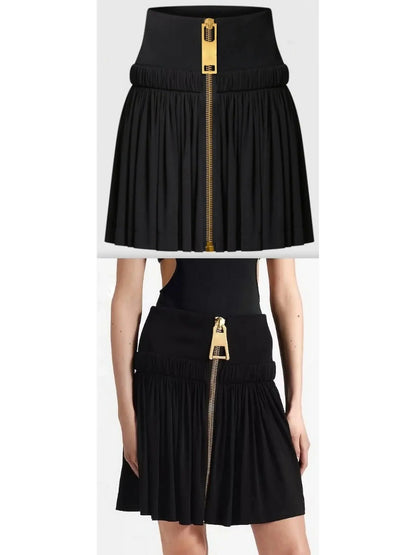 Black Gathered Zipper Mini Skirt - Skirts