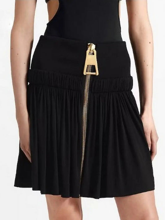 Black Gathered Zipper Mini Skirt - Skirts